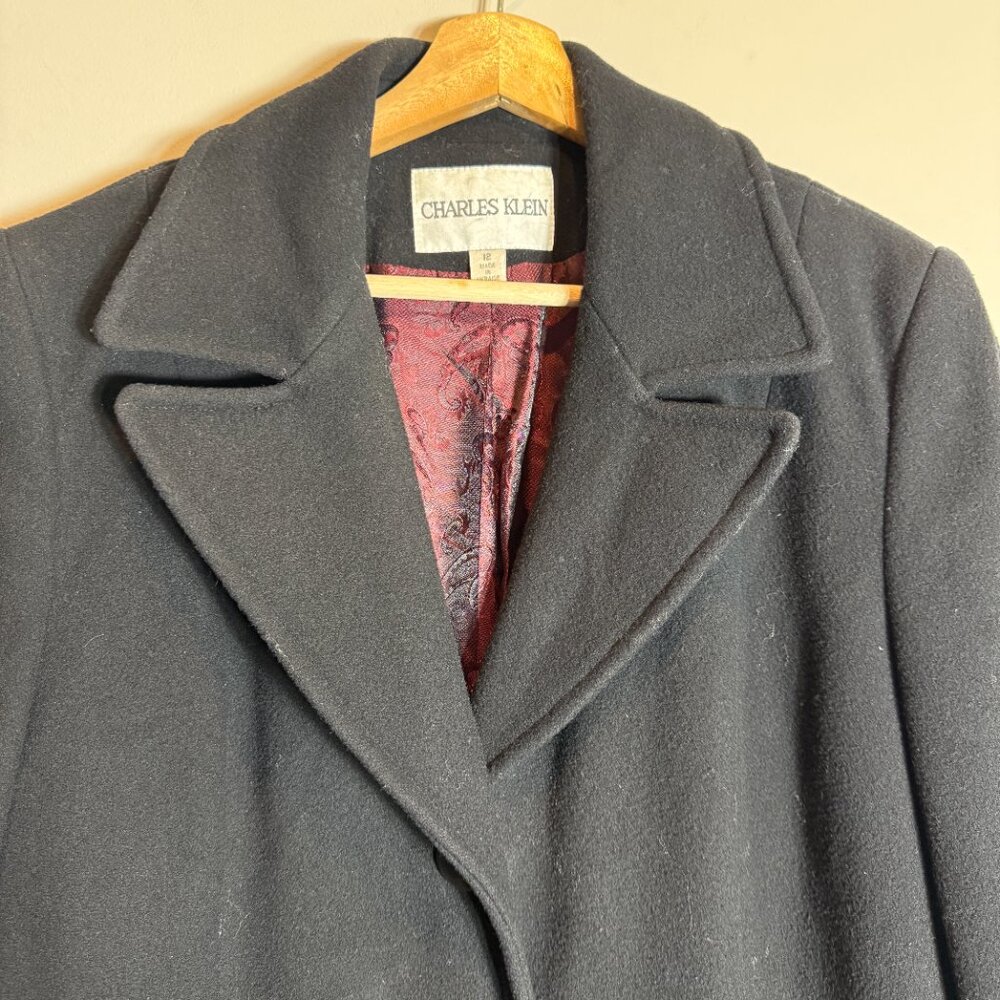 Vintage Charles Klein 100% Wool Long Overcoat Women's 12 Black Minimalist Retro - Picture 6 of 14